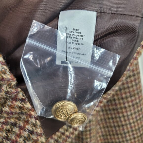 New $179 Talbots Blazer 14 Houndstooth Brown Ruffle Trim Plaid Wool NWT Academia - Picture 9 of 11